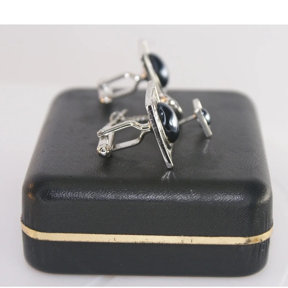 Vintage Sears Collectors Choice Mens Cufflinks & Tie Tac Silver Tone Black Stone